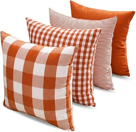 Burnt Orange Fall Plaid Outdoor Porch Pillow Covers 18x18 Set of 4 | Thanksgiving Autumn Pillow Covers 18 x 18, Cojines De Otoño Para Sala, Aesthetic Fall Room Decor, Fall Patio Outdoor Pillow