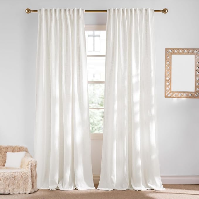 NICETOWN Natural Boho Linen 108 inch Curtains for Living Room, Jacquard Weave Waffle Pattern Privacy Light Filtering Floor Length Drapes, W52 x L108, 2 Panels