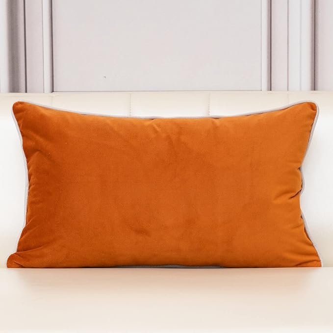 Aeckself European Luxury Velvet Lumbar Throw Pillow Cover 12 x 20 Inch, Embroidery Floral Pillow Cover Home Decor Oblong Pillowcase for Couch Bedroom Living Room, Burnt Orange and White