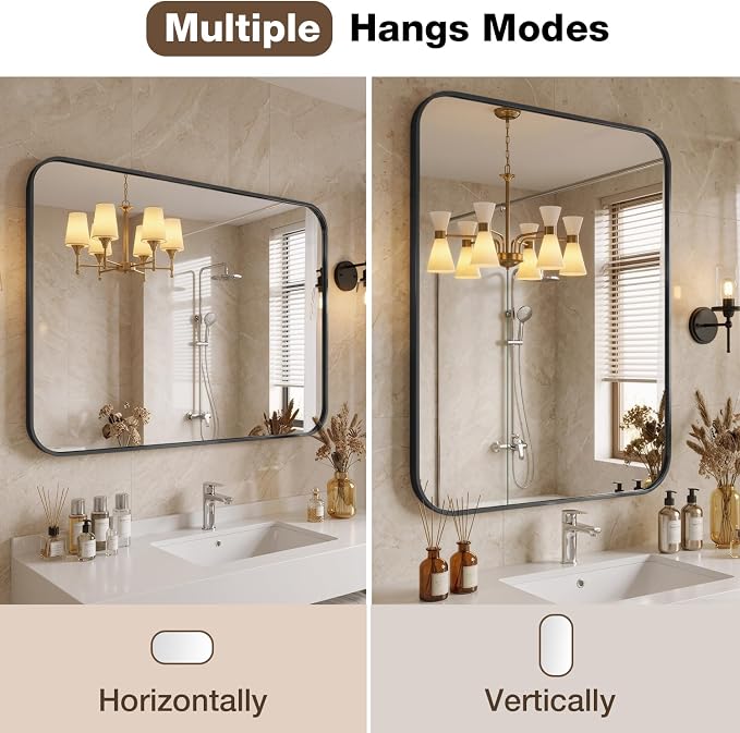 24"x32" Bathroom Mirrors for Over Sink, Matte Black Rectangle Vanity Mirror | Aluminum Alloy Frame, Clear Reflection, Rust-Resistant, Vertical or Horizontal, Wall Mount, Bedroom and Entryway
