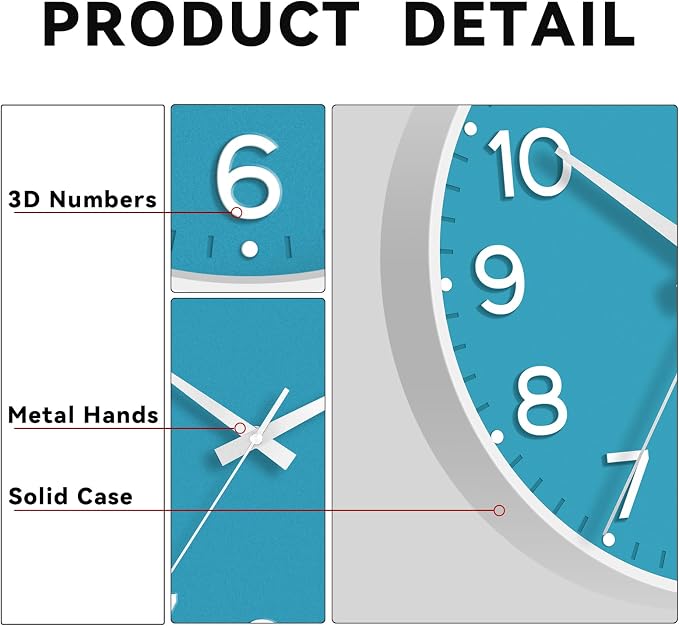 Roymnie 8 Inch Wall Clock, Battery Operated Silent Non Ticking Analog | Blue modern analog; large 3D easy-read dial for kitchen, office, bathroom & bedroom; 1 AA battery (not included)