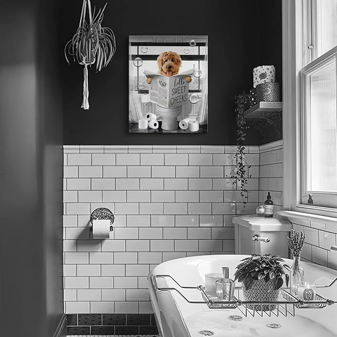 Parylore Funny Dog Wall Art Black and White Dog Bathroom Print Farmhouse Bathroom Animals Wall Decor Dog Sitting in Toilet Reading Newspaper Painting Framed Artwork for Toilet Bathroom 16x24 inch