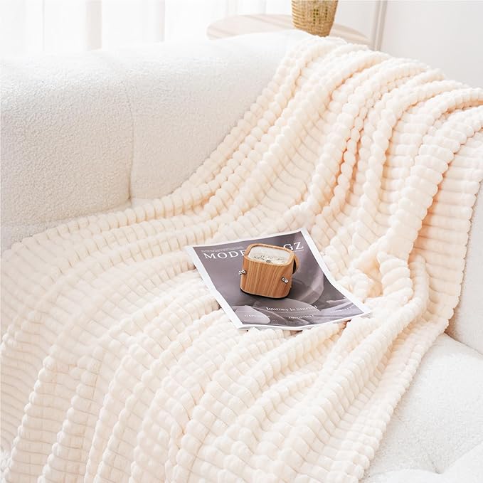 Puncuntex Fleece Throw Blanket Cream White 60"×80" with Square Grid Design | Super Soft Plush Cozy Flannel Throw Blanket Luxury for Couch Sofa Chair