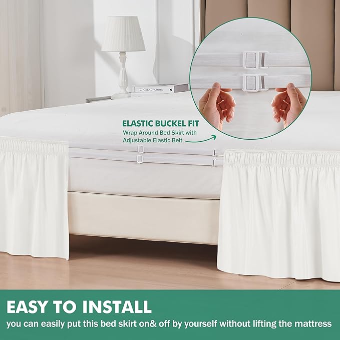 Wrap Around Full Size Bed Skirt Split Corners 14" Drop-Elastic Dust Ruffle | Ivory Adjustable Pleated Bedskirt-Easy Fit Wrinkle Resistant Washable Bed Skirting-Hotels Apartment Guest Bedroom Bed Posts