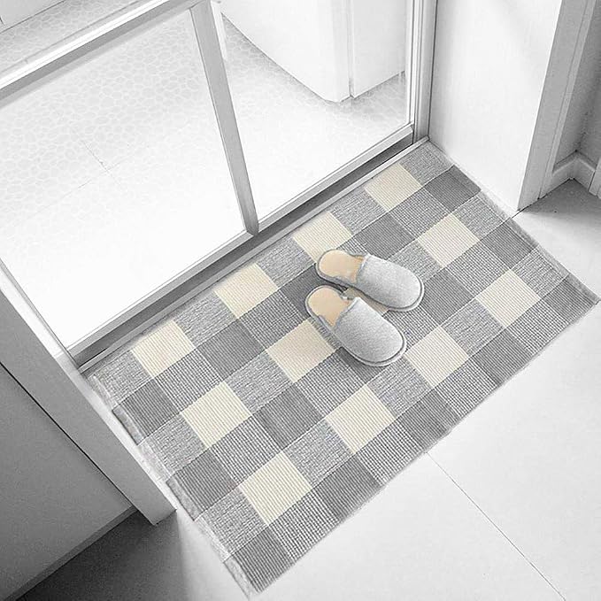 LEVINIS Grey Buffalo Check Rug 43.3'' × 27.6‘’ Cotton Hand-Woven Outdoor Rugs for Porch Farmhouse Layered Door Mats Front Porch Décor