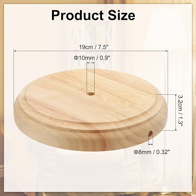 PATIKIL 7.5" x 1.3" Wooden Lamp Base, Round Solid Wooden Base Wood Desk Lamp Display Stand Replacement for Bedroom Bedside Table Lamps DIY