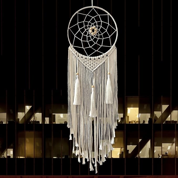 Dream Catcher Macrame Wall Hanging, Boho Decorations for Bedroom Living Room Wedding Party Home Decor, 14" Inner Dia, with 5.9ft Cotton Rope (Medium, Solid)