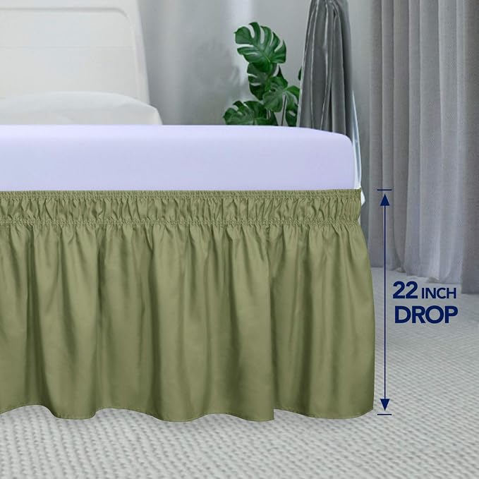 PureFit Wrap Around Ruffled Bed Skirt, Light Green, Queen/King - 22" Drop | Wrinkle Free Bedskirt Dust Ruffles, Easy to Put On Frame Cover with Adjustable Elastic Belt