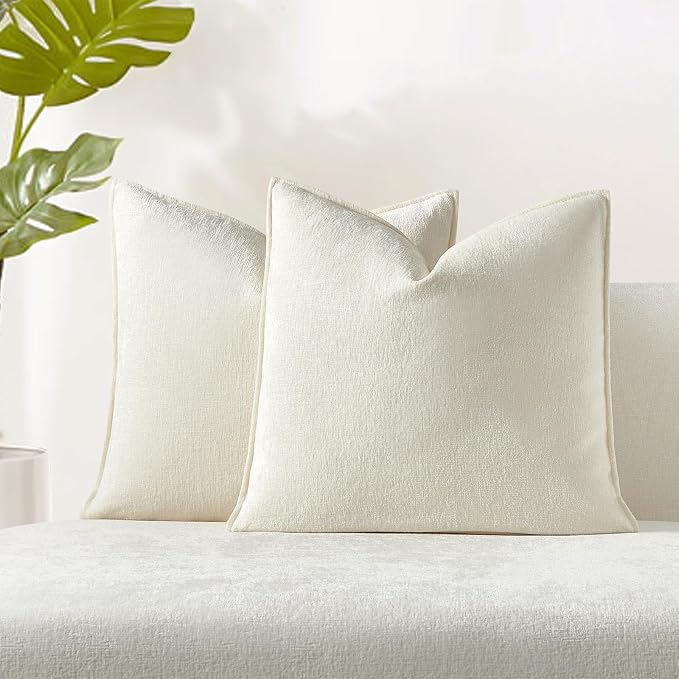 JUSPURBET 20x20 Chenille Decorative Throw Pillow Covers Set of 2,Cream | Cozy Soft Cushion Covers Case with Hidden Zipper for Couch Sofa Bed Home Decor Living Room
