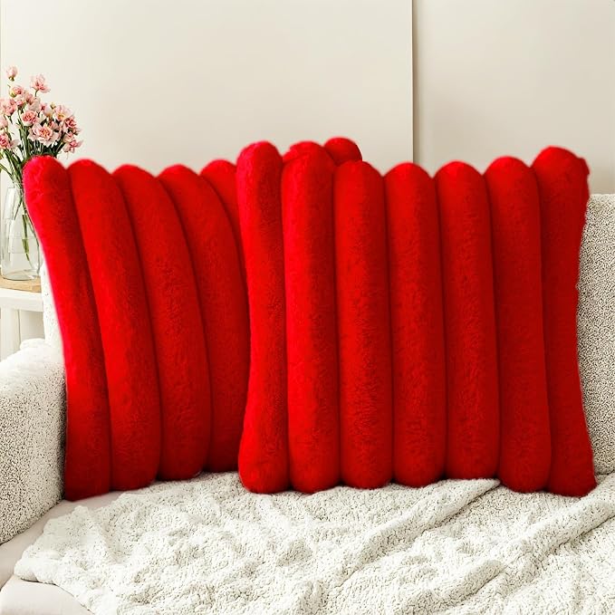 HAUSSY Pack of 2 Pillow Covers 24x24 Inch, Faux Fur Decorative Couch Throw Pillows Soft Striped Plush Cushion Covers Home Decor Cute Furry Pillowcase for Living Room Sofa Bed, Red (Covers Only)