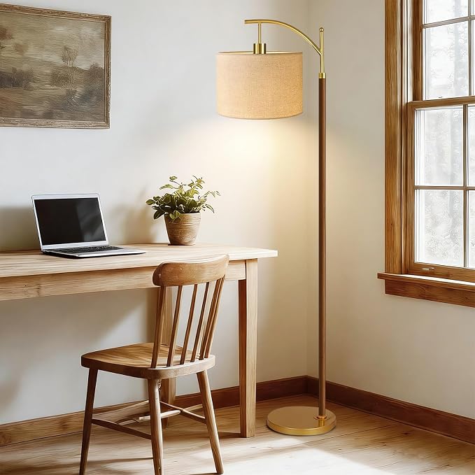 ILLMTW Wood Floor Lamp for Living Room,Bedroom,Vintage Mid Century Modern Standing Lamp with Remote Dimmable,Arc Boho Gold Tall Lamp Fabric Lamp Shade Floor Lights Bohemian Tiffany Style