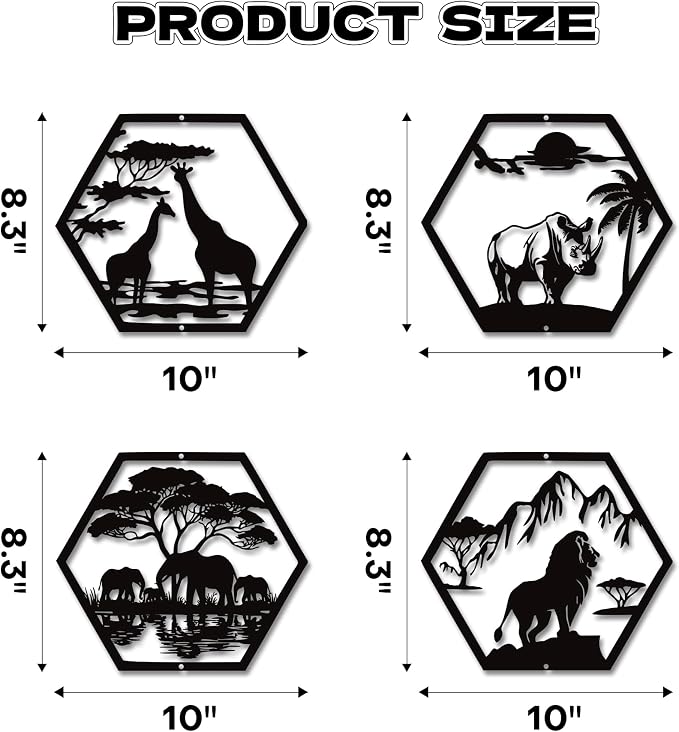 Xedatric African Safari Metal Wall Art 4-Piece Lion Elephant Giraffe Rhino | Matte black finish, rust-resistant, ideal for home or office, wildlife decor.