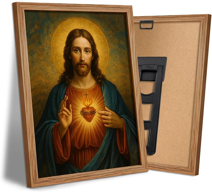AUUAUU Sacred Heart of Jesus Wall Art Christian Canvas Painting 8x10 Inches | Wooden Framed Religious Spiritual Picture Print Artwork Christmas Wall Decor for Living Room Bedroom Ready to Hang