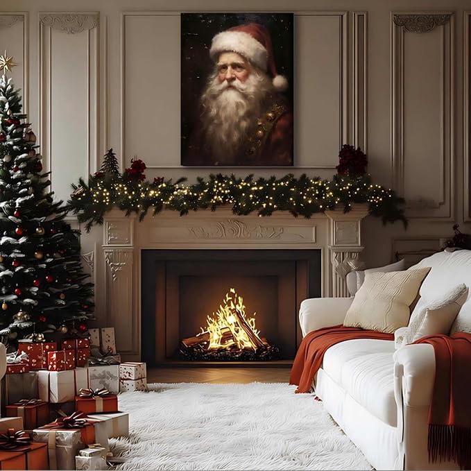 Victorian Santa Claus Portrait Christmas Art for Bedroom 8x12in, Framed Festival Canvas Prints for Christmas Wall Decor, Vintage Winter Pictures for Home Wall Decorations Indoor