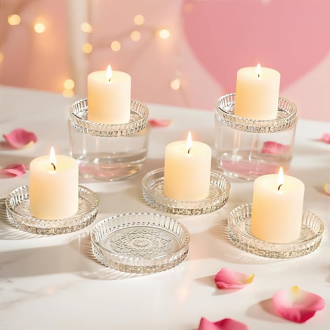 Set of 6 Pillar Candle Holders, Glass Candle Plates