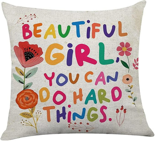 Littlefa Beautiful Girl You Can Do Hard Things Decorative Pillow Cover | Beautiful Girl You Can Do Hard Things Inspirational Pillow Case, Motivational Colorful Pillow Cover for Girls Teens Kids