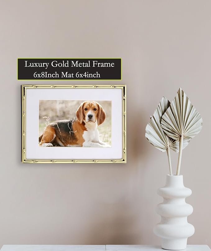 YiPinYin 6x8‘’ Bamboo Detail Gold Metal Picture Frame 2pack,6x8'' Gold Plated Photo Frames Mat for 4x6‘',with Soft Velvet Backing for Desktop and Wall Décor