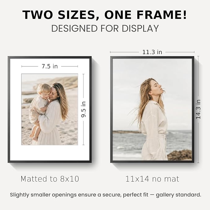 11x14 Picture Frame Black, Aluminum Metal 11 x 14 Frame with Removable Mat, 11 by 14 Black Photo Frame Matted to 8x10 Photo, Real Tempered Glass for Home and Office Gallery Wall, 3 Pack