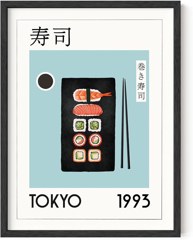 HAUS AND HUES Sushi Wall Decor - Modern Kitchen Food Print, Japanese Sushi Poster, Dining Room Food Wall Art for Kitchen 12x16 Black Frame