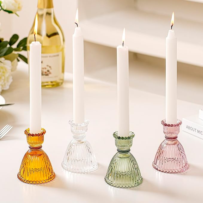 Candle Stick Candle Holders, 2024 Mixed 4pcs Candle Holder for Taper Candles, Carols of The Seasons 4colors Glass Candle Holders for Table Centerpiece and Shelves
