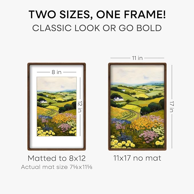 Homeforia 11x17 Mortise&Tenon Walnut Picture Frame, 8x12 Mat, Glass