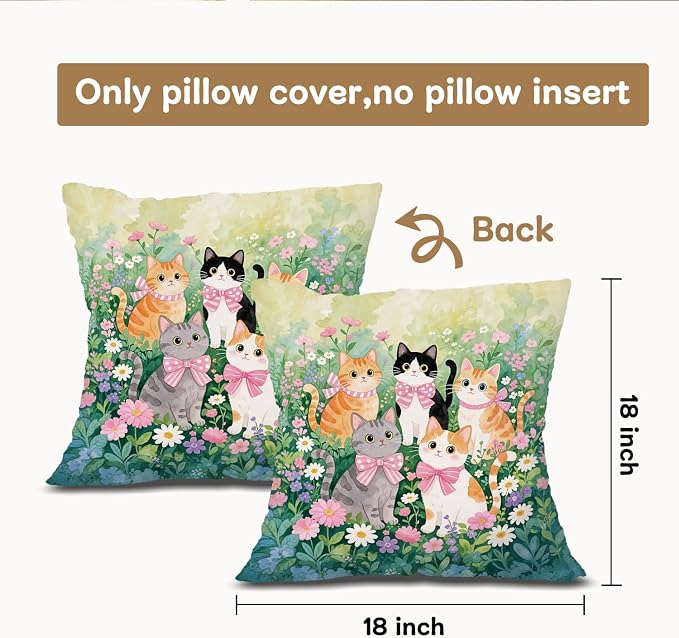 Coquette Pink Bow Cat Pillow Covers 18x18, Cat Room Decor, Cottagecore Wildflowers Cute Kitty Aesthetic Decorative Throw Pillow Covers Pillowcases for Bedroom Living Room Home Decor