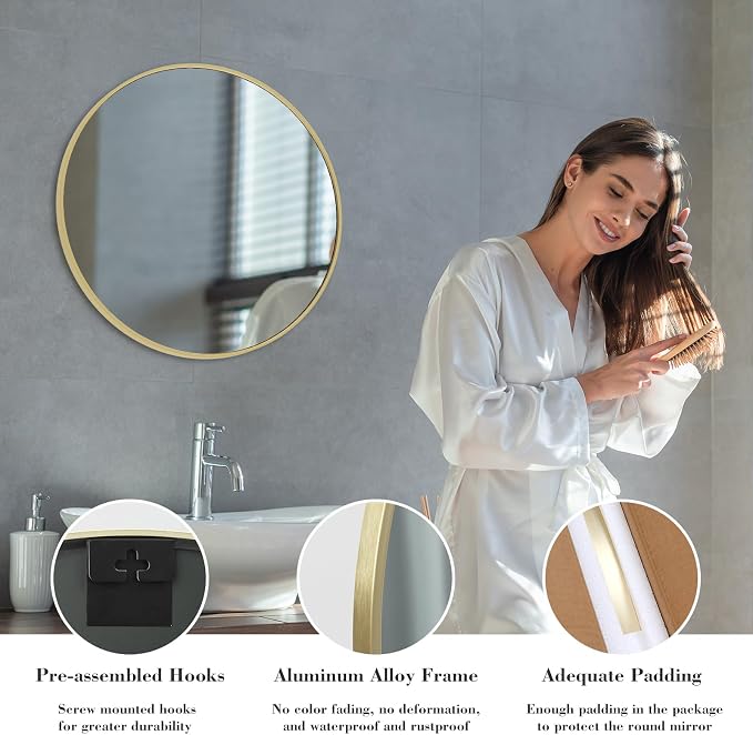 NEWBULIG 24 Inch Round Bathroom Mirror, Wall Mount Vanity Mirror | Circle Mirror for Over Sink, Matte Metal Frame, Entryway Decor, Bedroom Decor, Gold