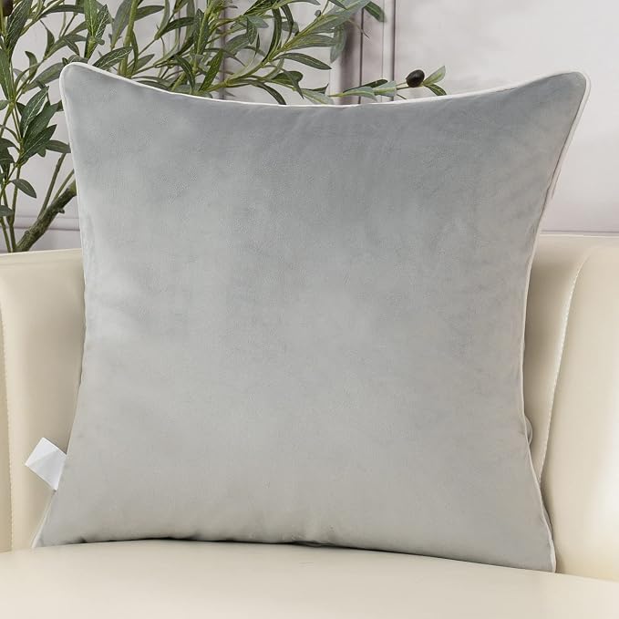 Aeckself Gray White Leaves Velvet Throw Pillow Cover 18 x 18 Inch, Embroidery Square Cushion Case with Stitched Edge Luxury Modern Decorative Farmhouse Pillowcase for Couch Living Room Bedroom