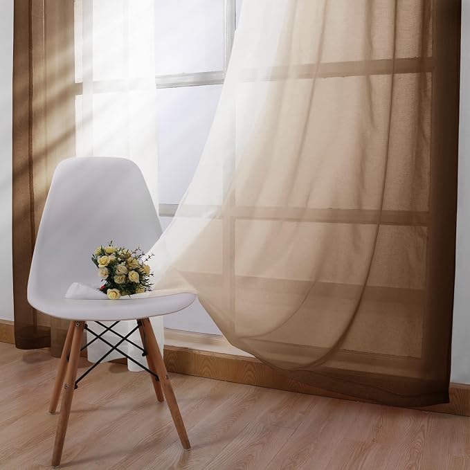 DWCN Ombre Sheer Curtains - Faux Linen Semi Voile Gradient Light-Filtering Bedroom and Living Room Curtains, Set of 2 Grommet Top Window Drape Panels, 52 x 72 Inch Length, Warm Brown
