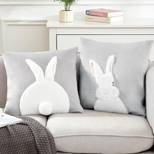 Pack of 2 Spring Easter Pillow Covers 18x18 Inch,3D Embroidered Bunny Rabbit Pillowcase Throw Covers Velvet Easter Decorative Cushion Cover (Light Gray -2PCS)