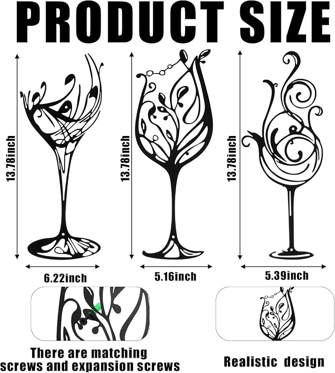 3 Pcs Wine Wall Art Black Metal Wine Sign 3 Style Modern Metal Bar Decor for Wall Drinker Gift for Dining Room and Entertaining Spaces(Classic)