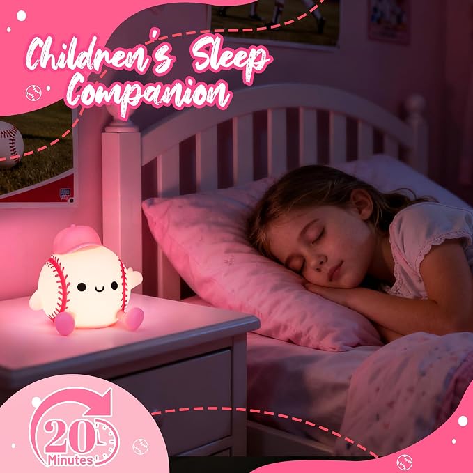 Attivolife Softball Night Light for Girls, Silicone LED Touch Lamp Rechargeable Nursery Bedroom Bedside Decor, Birthday Valentine's Day Gifts for Kid Girl Women Sport Lover