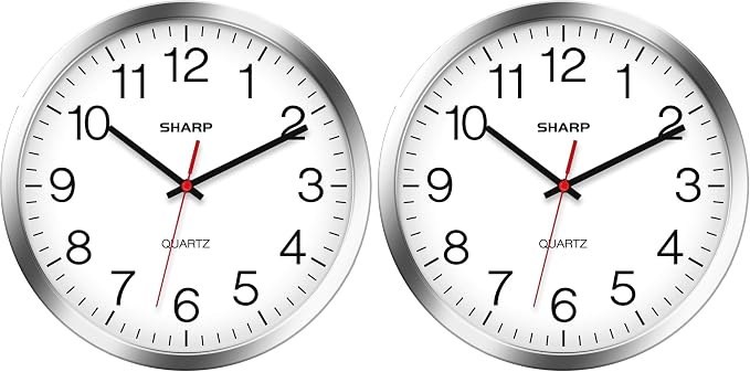 Sharp Wall Clock – Silver/Chrome, Silent Non Ticking 12 Inch Quality Quartz Battery Operated Round Easy to Read Home/Kitchen/Office/Classroom/School Clocks, Sweep Movement (Pack of 2)