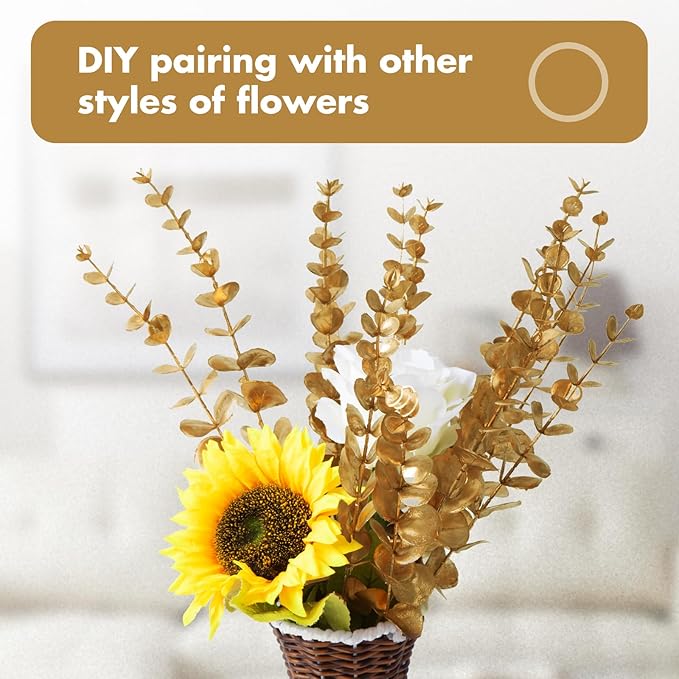 18pcs Gold Eucalyptus Stems Greenery Stems Fake Leaves Artificial Flowers Bouquet Faux Branches Centerpiece Flores Plants for Home Party Decor Wedding Decoration