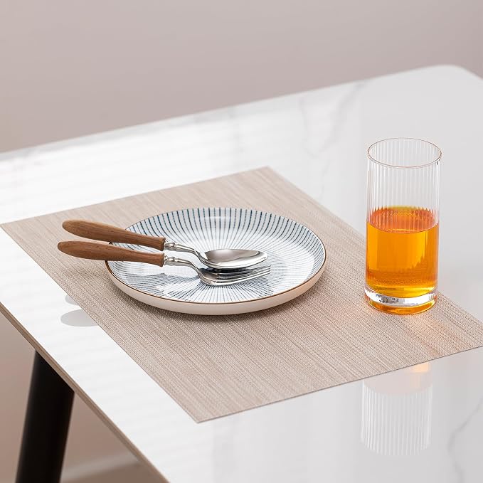 LEXMORE Placemats Set of 12 Vinyl/Plastic Woven Place Mats for Kitchen Table Indoor/Outdoor Washable Placemat Wipeable Dining Table Mats(Beige White)