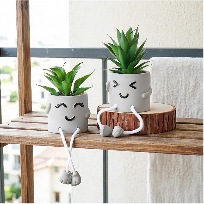 3 Pack Cute Fake Succulent Plants with Hanging Legs, Funny Desk Decor for Women, Small Artificial Plants in Funny Cement Pots, Cute Shelf Sitters for Office Desk Home Decorations