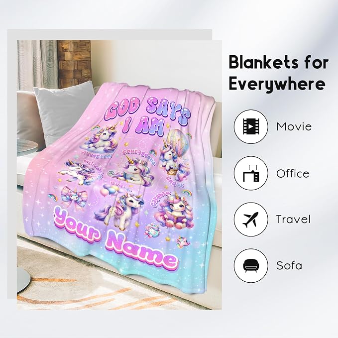 Personalized Unicorn Fleece Blanket for Girls, Women & Kids - God Says I Am Inspirational Gift for Her & Daughter - Soft Plush for Living Room, 60"x80"