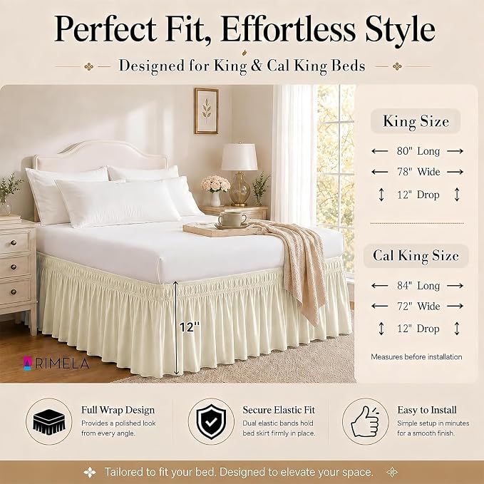 Butter Yellow Bed Skirt King Size 12" Drop, Elastic Wrap Around Bedskirt | Solid Ruffled, Easy to Use, No Mattress Lifting, Wrinkle & Fade Resistant, with Adhesive Strips, Machine Wash/Dry/Iron