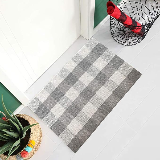 LEVINIS Grey Buffalo Check Rug 2' x 3' - Cotton Washable Hand-Woven Checkered Plaid Outdoor Rug for Front Porch Entry Way Kitchen Bathroom Bedroom Door Mat