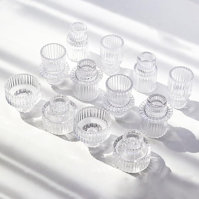 Clear Candlestick Holders 12PCS Ribbed Glass Taper Candle Holders for Tealight Stick Candles Table Centerpieces Thanksgiving Christmas Indoor and Outdoor Decorations
