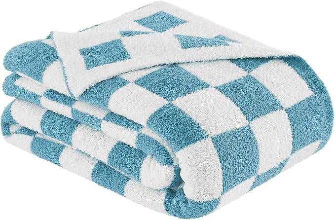 Checkered Throw Blanket for Couch, Soft Cozy Warm Knitted Blankets | Lightweight Fuzzy Travel Warm Decor for Women, Mom, Girls, Sofa, Chair, 50x70in, Light Blue