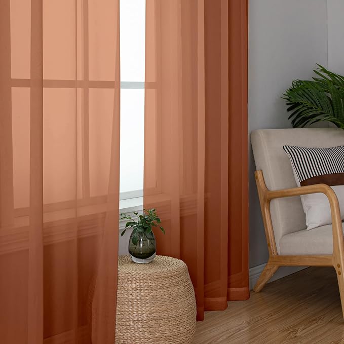 Simplebrand Orange Sheer Curtains 63 Inch Length 2 Panels, Rod Pocket Solid Color Window Sheer Curtain Panels, Elegant Curtains & Drapes for Living Room, Bedroom (42" W x 63" L)