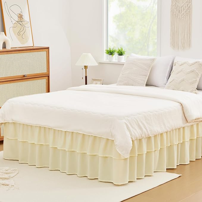 Cream Yellow Queen Bed Skirt 18 Inch Drop, Double Layer Dust Ruffle | Hides Storage, Double Layer Ruffle, Elastic Stays Put, Soft Fabric, Machine Washable, Elegant Look