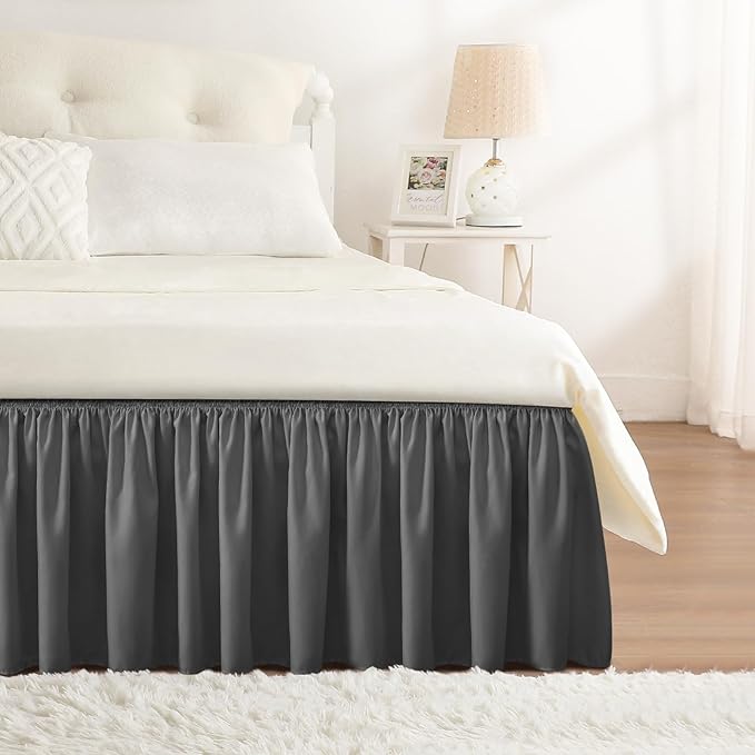 Dark Grey Bed Skirt Queen Size 18" Drop, Elastic Wrap Around Bedskirt | Solid ruffled, Wrap-around/elastic, Wrinkle & Fade resistant, with Adhesive Strips, Gift Packed, Machine Wash/Tumble Dry/Iron