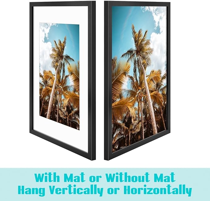Frametory 16x24 Black Picture Frame with Real Glass Mat for 12x18