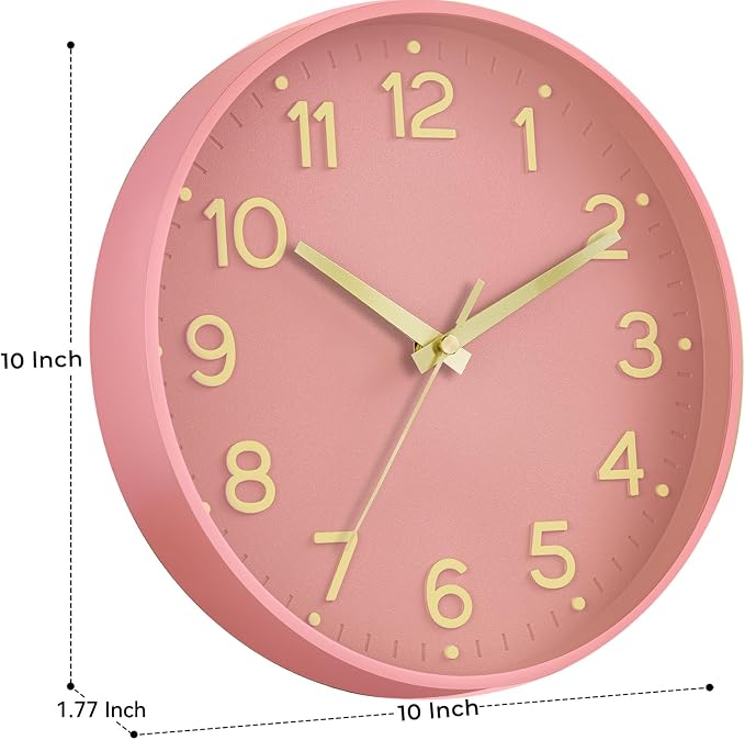 Roymnie 10 Inch Wall Clock Battery Operated Silent Non Ticking Analog | Pink Gold modern analog; large 3D easy-read dial for kitchen, office, bathroom & bedroom; 1 AA battery (not included)
