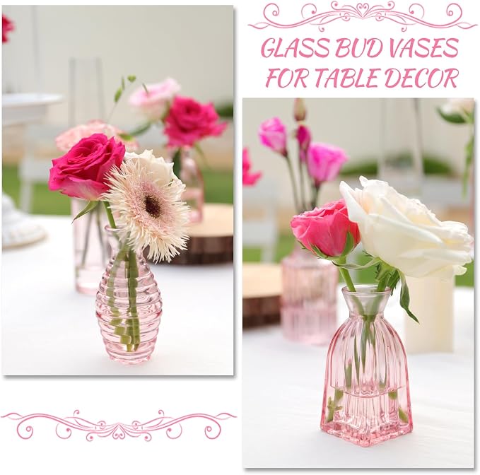 Pink Glass Bud Vases in Bulk 24 Pink Vase Small Vases for Decor | Modern Ribbed Glass Bud Vase for Wedding Flower Vase Bulks Vintage Decor Bridal Shower Centerpieces Home Table Decoration