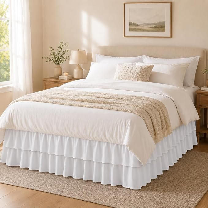 Vocander White Queen Bed Skirt 18 Inch Drop, Double Layer Dust Ruffle | Hides Storage, Double Layer Ruffle, Elastic Stays Put, Soft Fabric, Machine Washable, Elegant Look