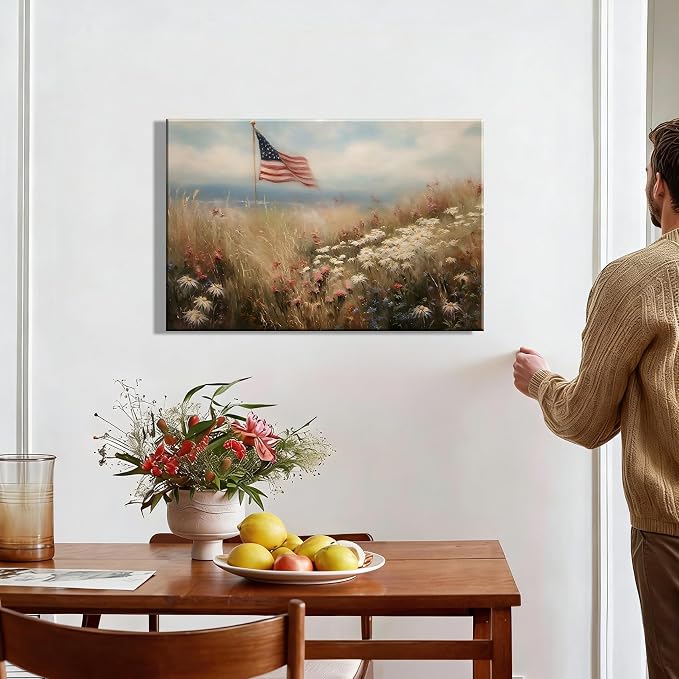 RIBNTAK Vintage American Flag Canvas Wall Art, Rustic Field Landscape Artwork Print for 4th of July Decorations, Patriotic Decor Collection Perfect for Independence Day Bedroom Home Decor
