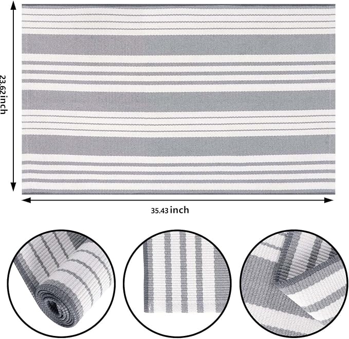 Grey and White Outdoor Doormat 24"x35"Cotton Washable Striped Outdoor Rug | Hand-Woven Cotton Outdoor Front Porch Rug For Entryway Combined With Hello Welcome Mat